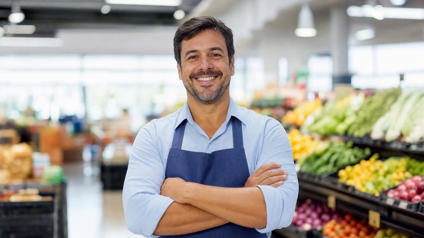 Dono de supermercado sorrindo na loja