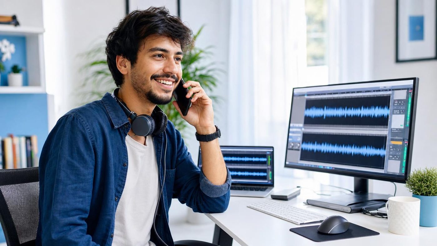 Produtor de mídia atendendo cliente